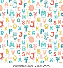 Vector seamless pattern of colorful funny letters on a white background. Suitable for baby prints, kids room decor, wallpaper, wrapping paper, stationery, scrapbooking, etc.
