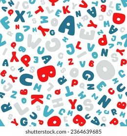 Vector seamless pattern of colorful funny letters on a white background. Suitable for baby prints, kids room decor, wallpaper, wrapping paper, stationery, scrapbooking, etc.