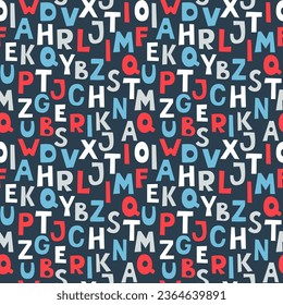 Vector seamless pattern of colorful funny letters on a gray background. Suitable for baby prints, kids room decor, wallpaper, wrapping paper, stationery, scrapbooking, etc.