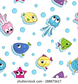 Vector. Seamless pattern with colorful funny cartoon fishes on white background.