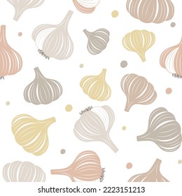 Vector seamless pattern with colorful garlic on a light purple background in a flat style. Ideal for prints, wrapping paper, wallpaper, fabric, design.
