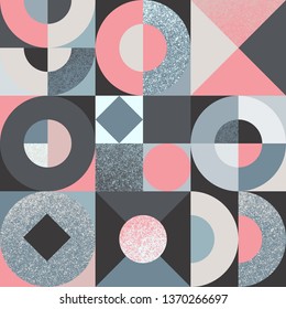 Vector seamless pattern with colorful geometric shapes and grunge texture. Bright modern endless background for prints, cards, booklet. Abstract design.