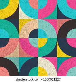 Vector seamless pattern with colorful geometric shapes and grunge texture. Bright modern endless background for prints, cards, booklet. Abstract design