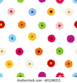 Vector seamless pattern with colorful gerbera flowers on a white background.