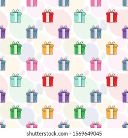 Vector seamless pattern with colorful gift boxes; bright holiday design for greeting card, wrapping paper, wallpaper, fabric, gift box, web design.
