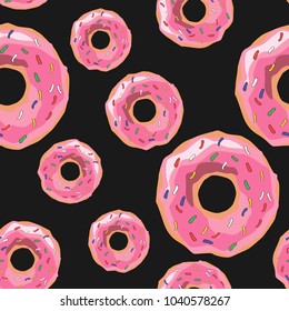 Vector seamless pattern with colorful glaze and sprinkles donuts. Background fresh and yummy donuts illustration on black backdrop.