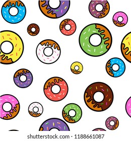 Vector seamless pattern with colorful glaze and sprinkles donuts and chocolate donut.