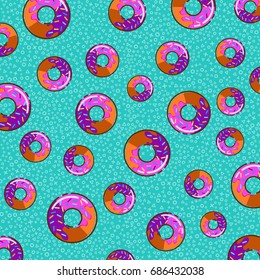 Vector seamless pattern with colorful glaze and sprinkles donuts. Background fresh and yummy donuts illustration