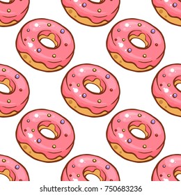 Vector seamless pattern with colorful glaze and sprinkles donuts and chocolate donut. Background fresh and yummy donuts illustration