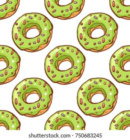 Vector seamless pattern with colorful glaze and sprinkles donuts and chocolate donut. Background fresh and yummy donuts illustration