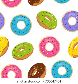 Vector seamless pattern with colorful glazed donuts. Sweet bakery with sprinkles on white background.