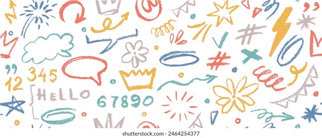 Vector seamless pattern  with colorful graffiti doodle punk and girly shapes  Hand drawn abstract scribbles and squiggles, creative various shapes, pencil drawn icons. 