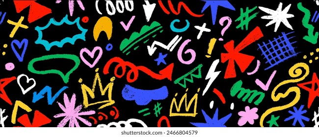 Vector seamless pattern  with colorful graffiti doodle punk and girly shapes  Hand drawn abstract scribbles and squiggles, creative various shapes, pencil drawn icons. 