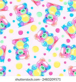 Vector seamless pattern with colorful gummy bears on light pink background.