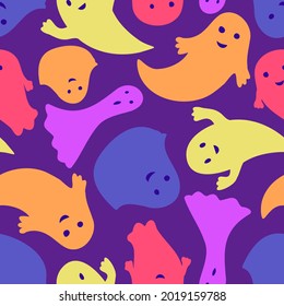 Vector seamless pattern colorful Halloween design of cute pastel ghosts on purple background. The design is perfect for backgrounds, textiles, wrapping paper, packaging, advertisements.