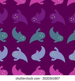 Diseño de Halloween colorido y sin fisuras vectorial de bonitos fantasmas pastel sobre fondo morado. El diseño es perfecto para telas de fondo, textiles, papel de envoltura, embalaje, publicidad.