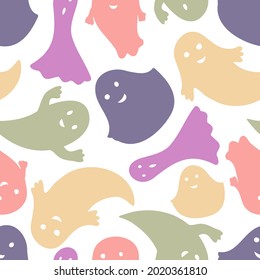 Vector seamless pattern colorful Halloween design of cute pastel ghosts on white background. The design is perfect for backgrounds, textiles, wrapping paper, packaging, advertisements.