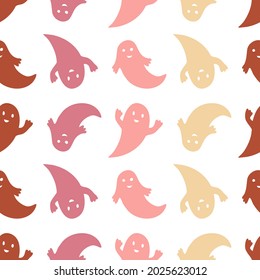 Vector seamless pattern colorful Halloween design of cute pastel ghosts on white background. The design is perfect for backgrounds, textiles, wrapping paper, packaging, advertisements.