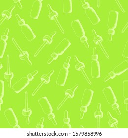 Vector seamless pattern with colorful hand drawn medicals bottle and pipette in sketch style on green background. Best for print design, wrapping paper. Naturopathic or organic cosmetics element.
