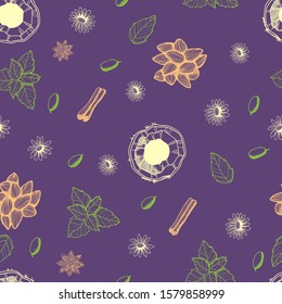 Vector seamless pattern with colorful hand drawn medicals herbs and kitchen elements in sketch style on violet background. Best for print design, wrapping paper or web. 