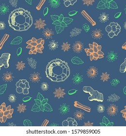 Vector seamless pattern with colorful hand drawn medicals herbs and kitchen elements in sketch style on dark blue background. Best for print design, wrapping paper or web. 