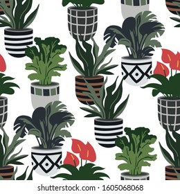 Vector seamless pattern with colorful hand drawn flower pots. Sketch style, doodle plants. Botanic illustration. 
