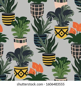 Vector seamless pattern with colorful hand drawn flower pots. Sketch style, doodle plants. Botanic illustration.
