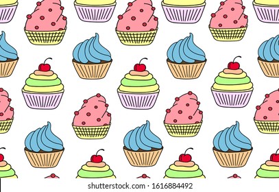 Vector seamless pattern with colorful hand drawn desserts, cupcakes, muffins