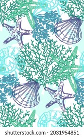 Vector Seamless Pattern Of Colorful Hand Drawn Sea Shells And Corals In Doodle Style.