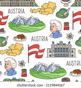 Vector seamless pattern with colorful hand drawn national symbols of Austria on white color. Background for use in design