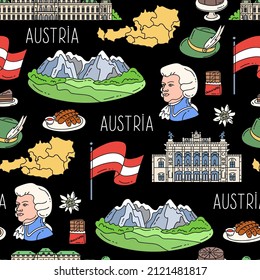 Vector seamless pattern with colorful hand drawn national symbols of Austria on black color. Background for use in design