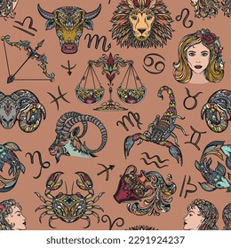 Vector seamless pattern with colorful hand drawn zodiac signs illustrations.