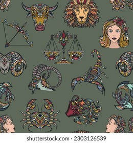 Vector seamless pattern with colorful hand drawn zodiac signs illustrations.