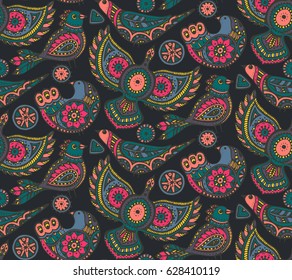 Vector seamless pattern with colorful hand drawn ethnic ornate birds. Folk motif for print, web, textile, wrapping paper