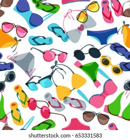 Vector seamless pattern with colorful hand drawn sunglasses, swimsuits and flip flops. Doodle background with summer clothing and shoes. Trendy design for fashion textile print.