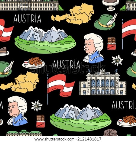 Vector seamless pattern with colorful hand drawn national symbols of Austria on black color. Background for use in design