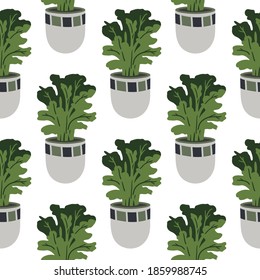 Vector seamless pattern with colorful hand-drawn flower pots. Sketch style, doodle plants. Botanic illustration.