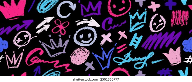 Vector seamless pattern with  colorful harcoal graffiti doodle punk and girly shapes. Hand drawn abstract scribbles and squiggles, creative various shapes, pencil drawn icons.