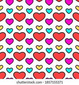 Patrón vectorial sin fisuras de corazones coloridos sobre el fondo blanco. 