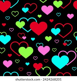 Vector seamless pattern with colorful hearts on black background. Valentines Day. Love pattern. Bright texture. Colorful and red hearts.