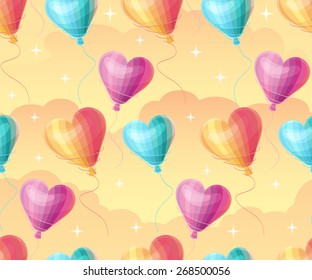 Vector seamless pattern with colorful heart-shaped air balloons, stars and clouds 