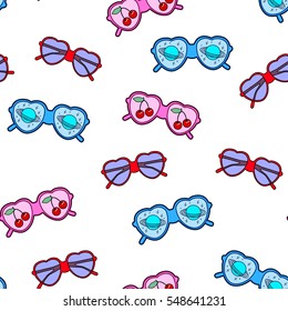 Vector seamless pattern with colorful heart-shaped sunglasses set. Summer background for fashion design, advertising, etc.