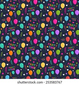 Vector seamless pattern with colorful heart,star,balloon,streamers,text party time on a dark background