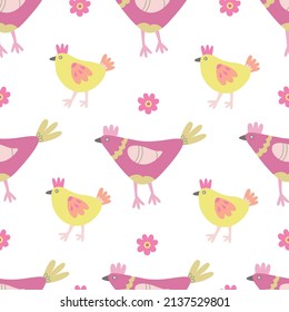 Vector seamless pattern with colorful hens, baby chickens and chamomile flowers. Great for fabric, wrapping papers, Easter design. Hand drawn flat  illustration on white background. 