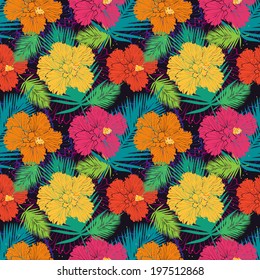 vector seamless pattern with colorful hibiscuses