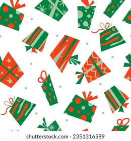 Vector Seamless pattern. colorful holiday gifts, Christmas,New Year,Holiday.Set of different cute boxes with bows.On a White Background.Print for Textile.Paper.Snowflakes.Polka Dots.Packaging.EPS 10