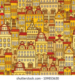 Vector seamless pattern with colorful houses. Day city