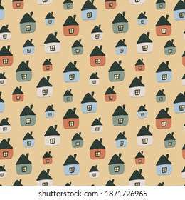 vector seamless pattern with colorful houses on an yellow background