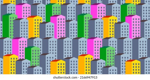 Vector seamless pattern with colorful houses. Green, yellow, pink, grey modern buildings. Property background.  Real estate. Town. Urban design. Sustainable Living. Efficient energy. Wallpaper. City.