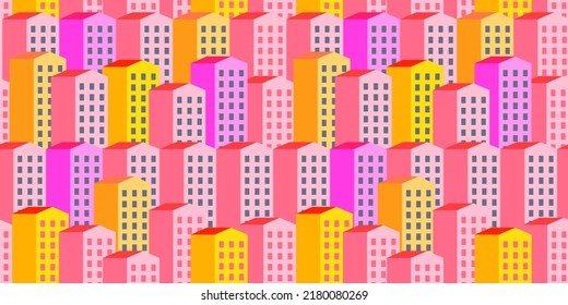 Vector seamless pattern with colorful houses. Pastel purple, yellow, pink modern buildings. Property background. Real estate. Town. Urban design. Efficient energy. Wallpaper. City. Built structure